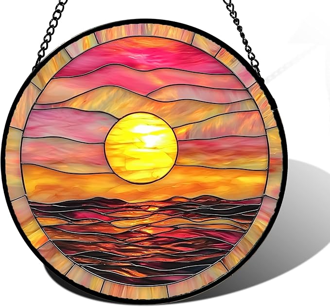 Stained Glass Window Hanging, Sunrise Sea Surface Sun Catchers Diamond Glass Panel Hangings Abstract Suncatcher Decor for Birthday for Women, Men, Wife, Aunt, and Mom 7.8 in