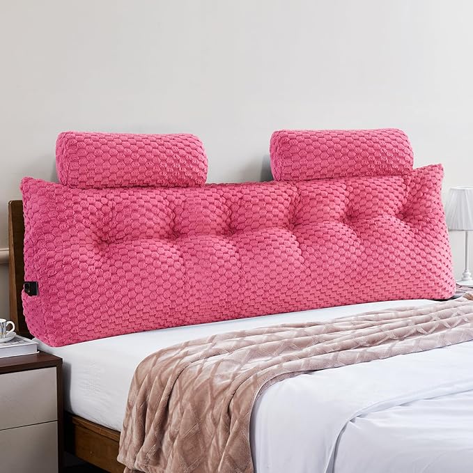Wedge Headboard Pillow - Bed Wedge Pillow for Headboard Triangular Headboard Pillow with Neck Roll Pillow-Large Bolster Pillow for Sitting in Bed Backrest Positioning Support (Fushia,76x8x20 Inches)