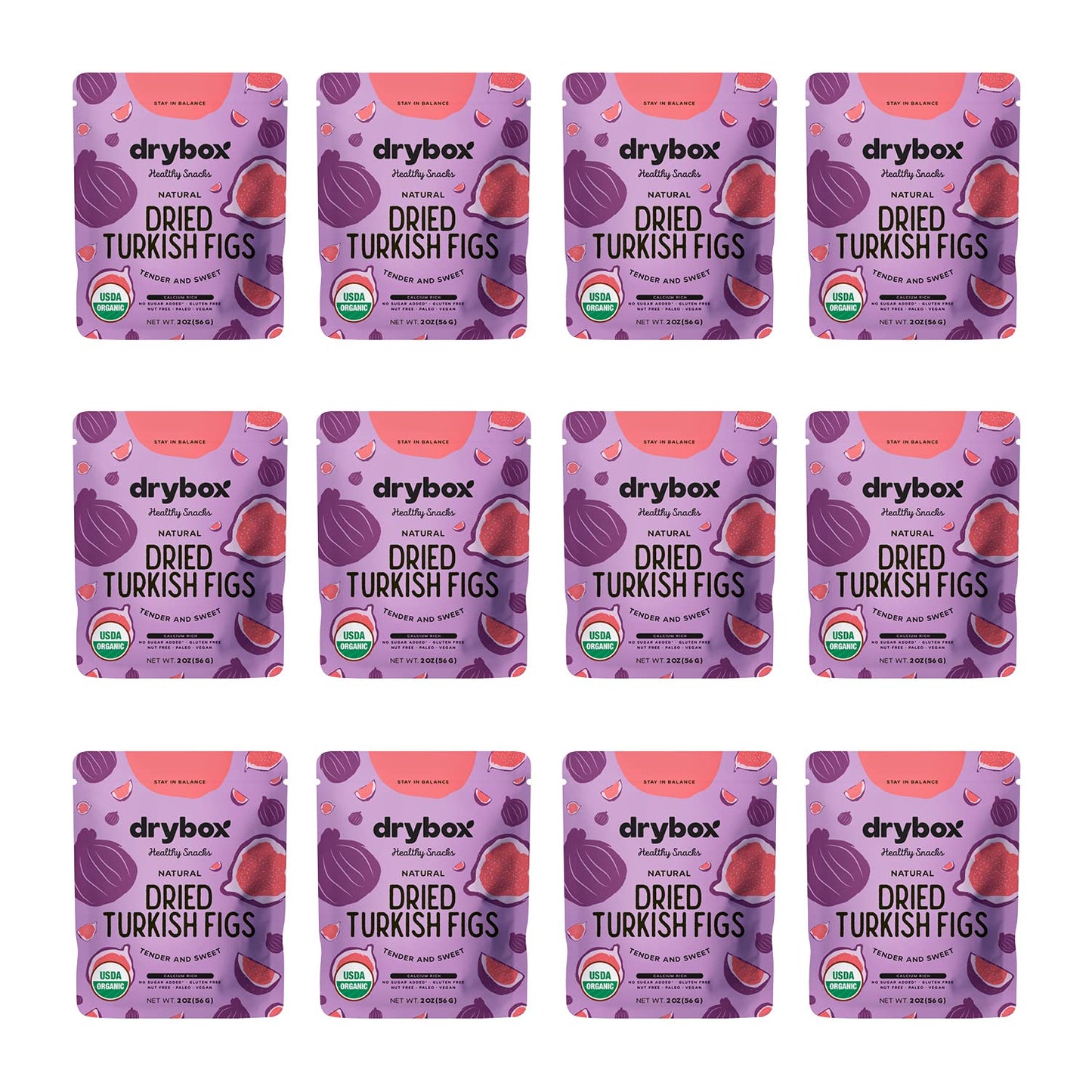 Drybox Organic Dried Turkish Figs 12 Snack Packs No Sugar Added Unsweetened Unsulfured Non-GMO Healthy Party Favors Snacks for L