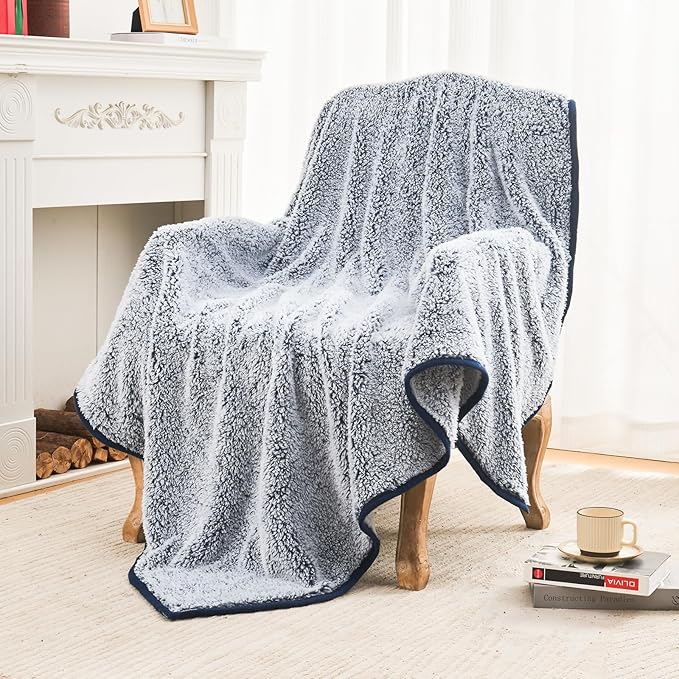 EMME Fuzzy Blanket Soft Fleece Throw Blankets for Women, Fluffy Sherpa Throws(Plush Navy,108"x90")