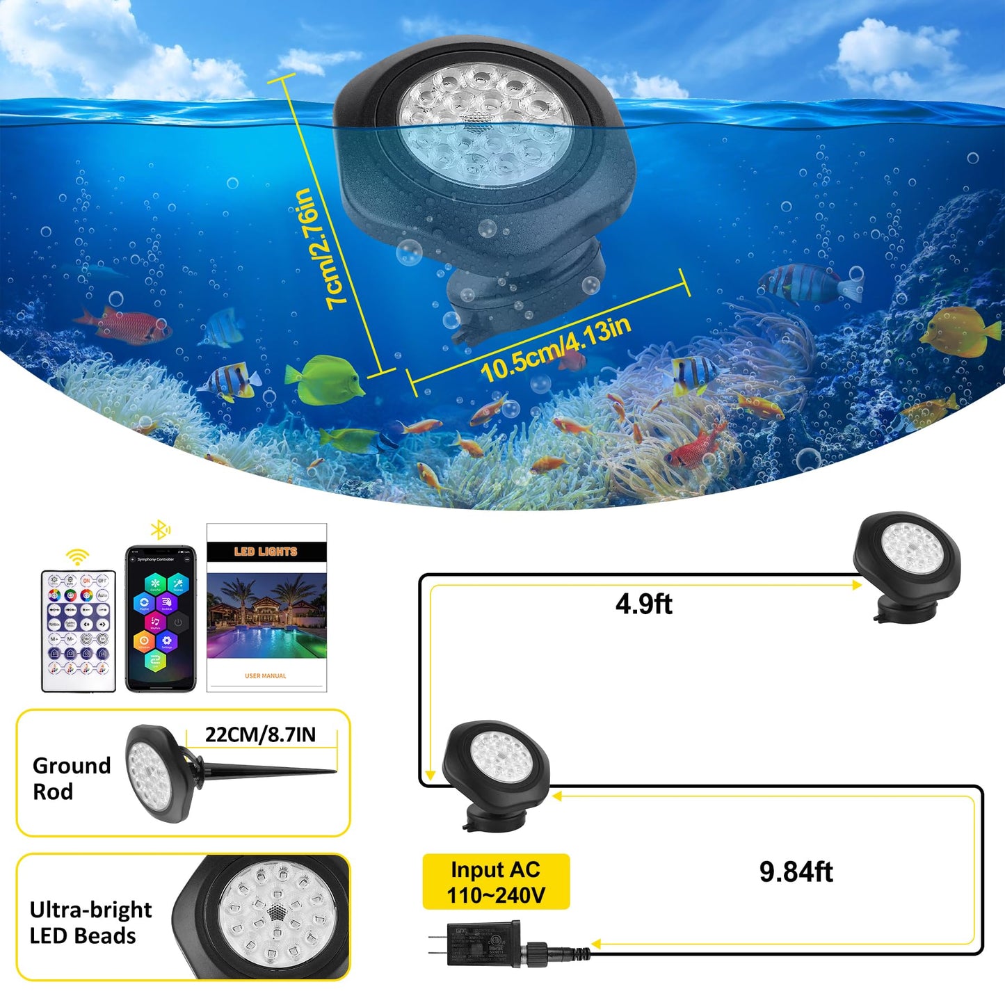 T-SUN Color Changing Pond Lights LED Submersible Fountain Lights IP68 Waterproof Set of 2 Multicolor Model TS-F2230