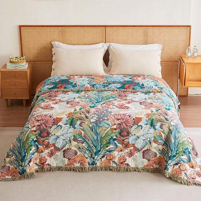 MSGKV Boho Throw Blanket for Couch 100% Cotton Floral Blanket 50"x60" Sofa Bed Chair Blanket All Seasons Farmhouse Muslin Breathable Lightweight Blankets Home Decor