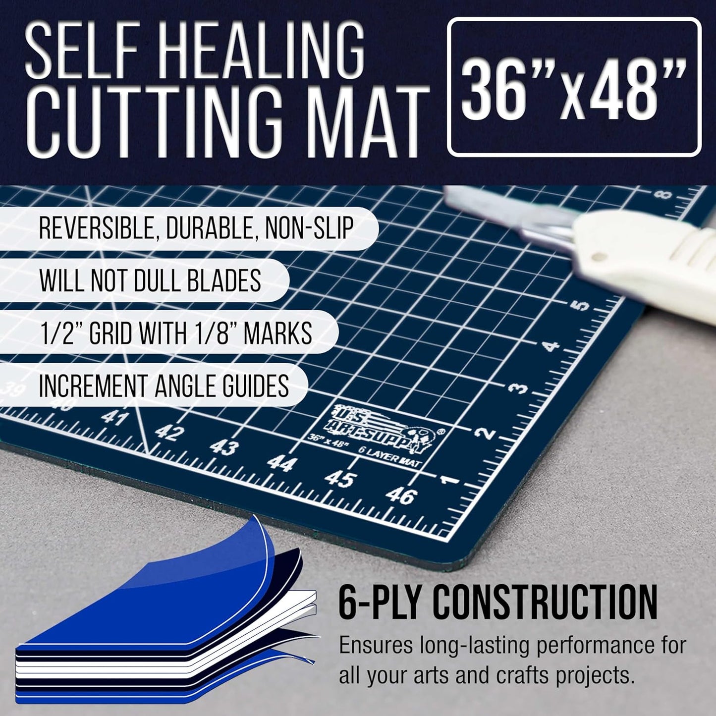 U.S. Art Supply 36" x 48" Self-Healing Cutting Mat 5-Ply - Double-Sided White/Blue Craft Mat, Non-Slip Cutting Mats for Crafts, Sewing, Quilting, Scrapbooking