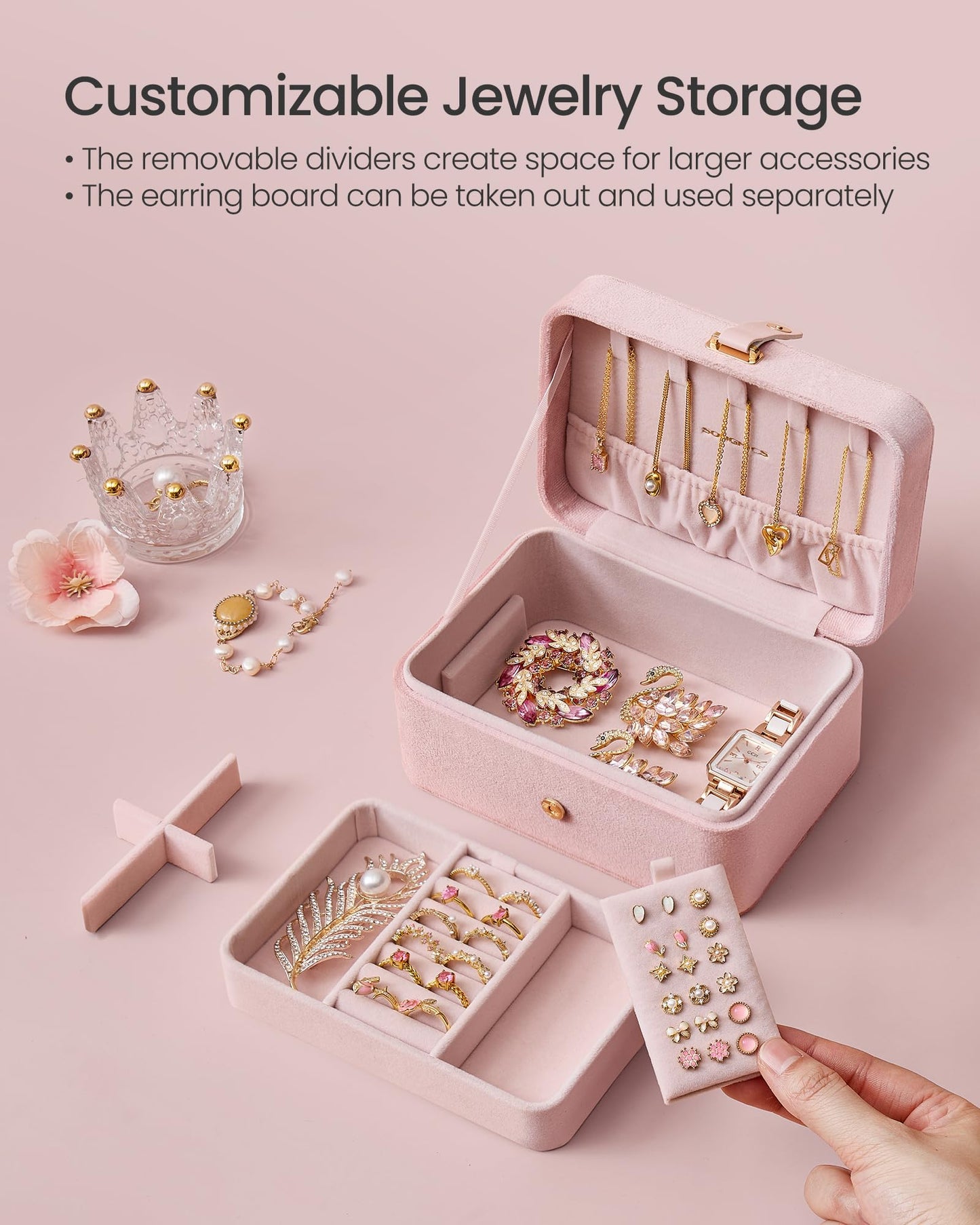 SONGMICS Jewelry Box, Travel Jewelry Case, 2-Layer Jewelry Holder Organizer, 4.6 x 6.3 x 3 Inches, Jelly Pink UJBC166R02