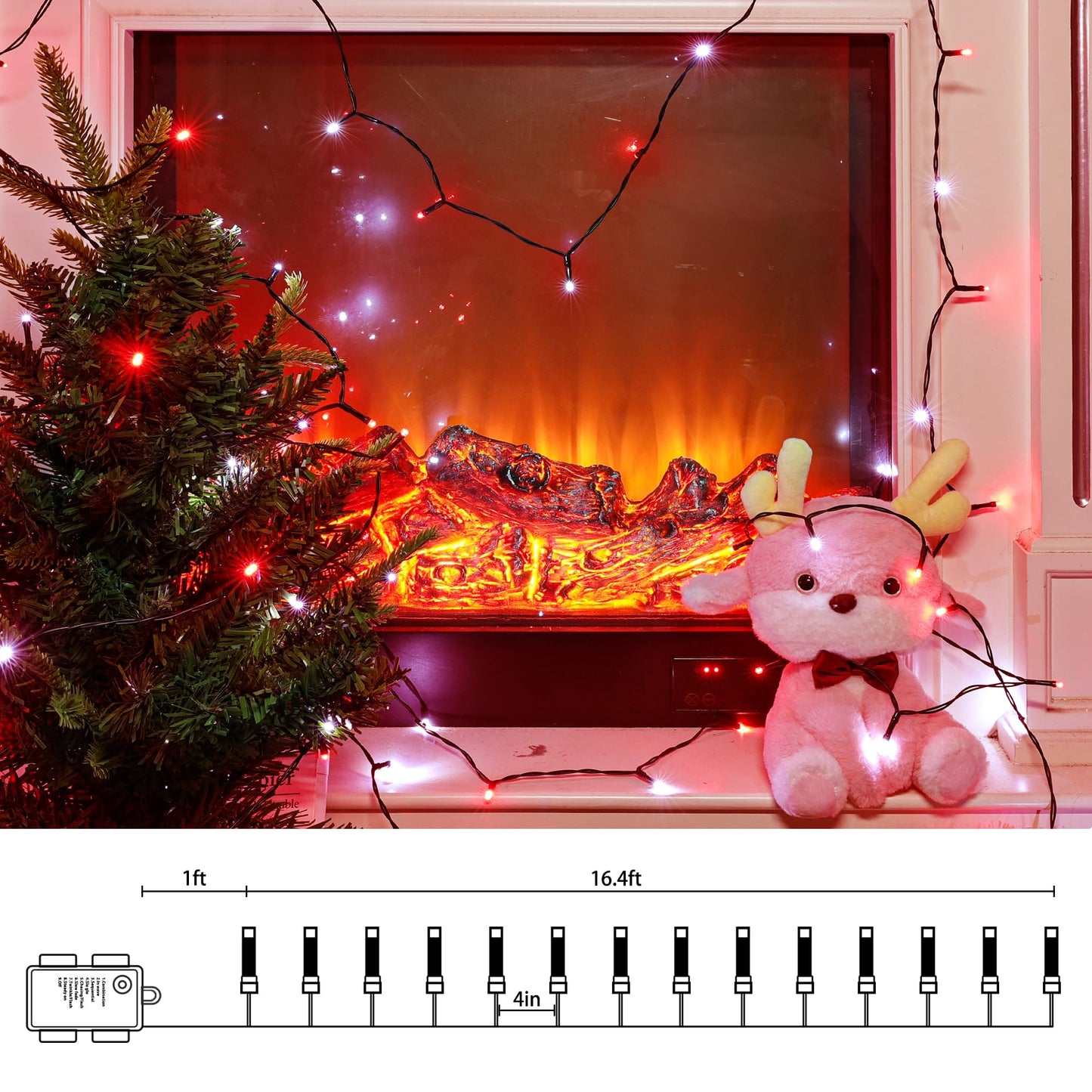 Lomotech Battery Operated Christmas Lights - 4 Pack Total 66Ft 200Leds String Lights 8 Modes Waterproof With Timer For Home  Garden  Party  Holiday  Tree Decoration (Green Wire  Red & White)