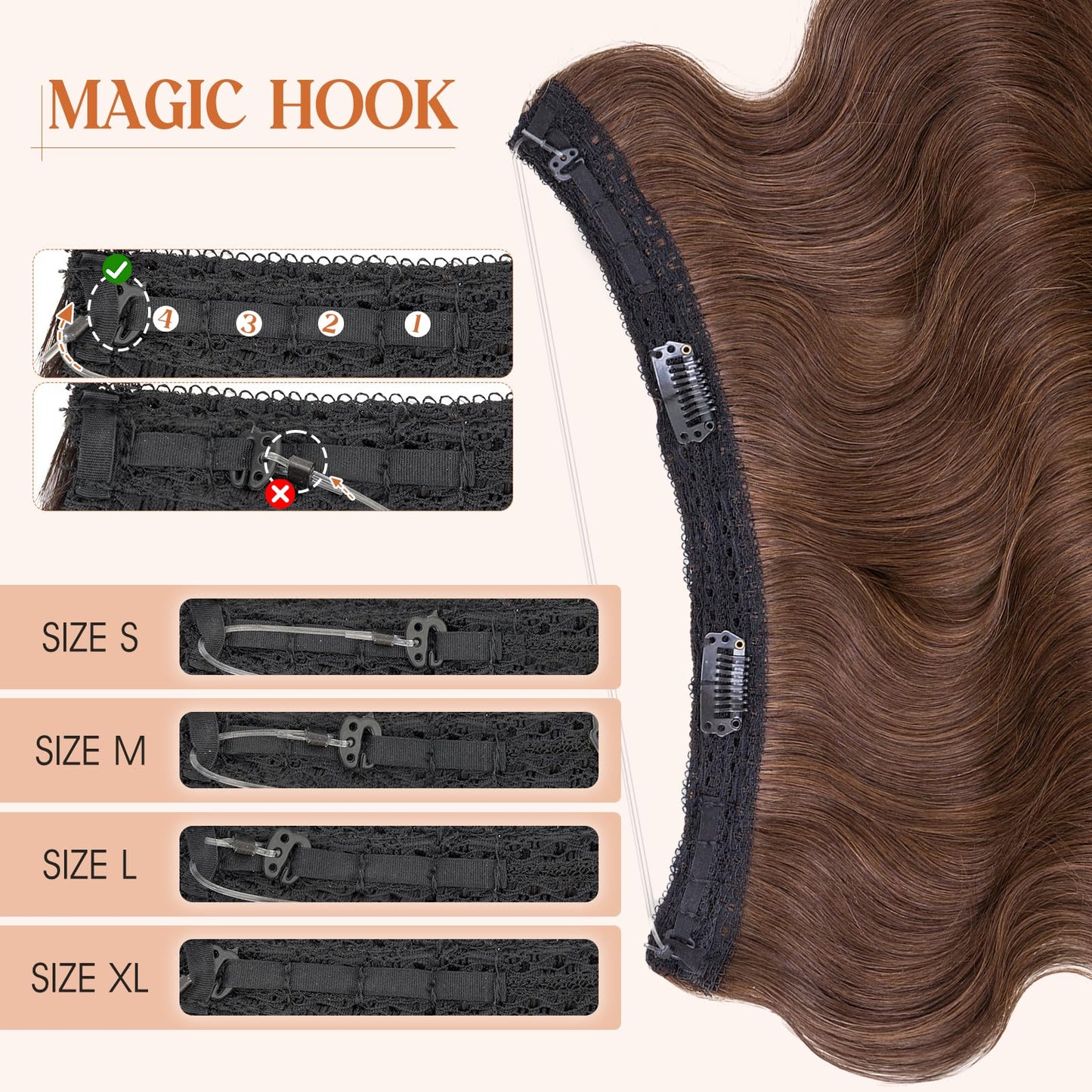 S-noilite Wavy Halo Hair Extensions Real Human Hair,18Inch Invisible Wire Hair Extensions,2 Clips Halo Extensions for Women(Medi