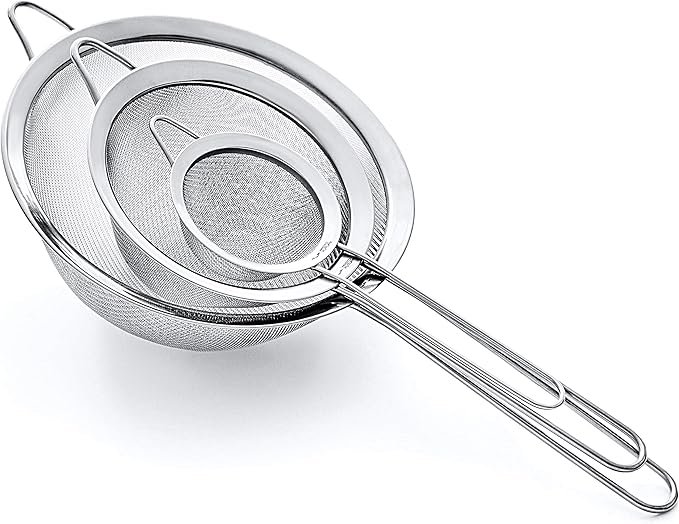 Strainer Set Fine Mesh – Premium 304 Stainless Steel (18/8) – 8″, 5.5″ and 3.3″ Sturdy Kitchen Strainers (Silver)