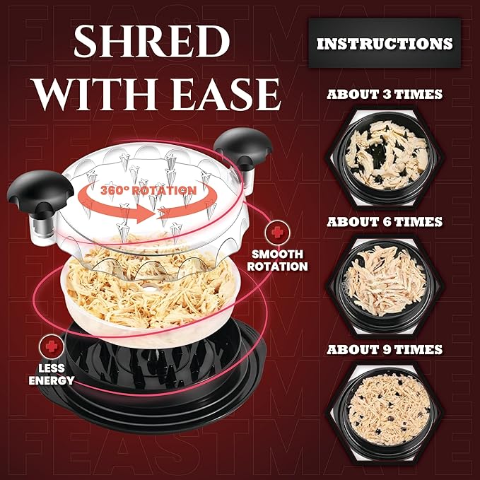 Chicken Shredder Tool Twist Large 10” Meat Shredder, Transparent Lid, Extra Plate and dispenser Brush – chicken shredder large, desmenuzador de pollo, meat grinder, desmenuzador de carne