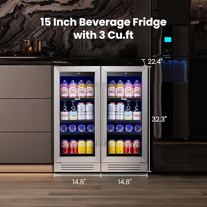 Yeego Beverage-Refrigerator,15 Inch Beverage Cooler 2PCS Small Wine Fridge Built-in or Freestanding with Auto Defrost, Mini Fridge with Glass Door for Bottles and Cans Beer/Soda/Water/Wine