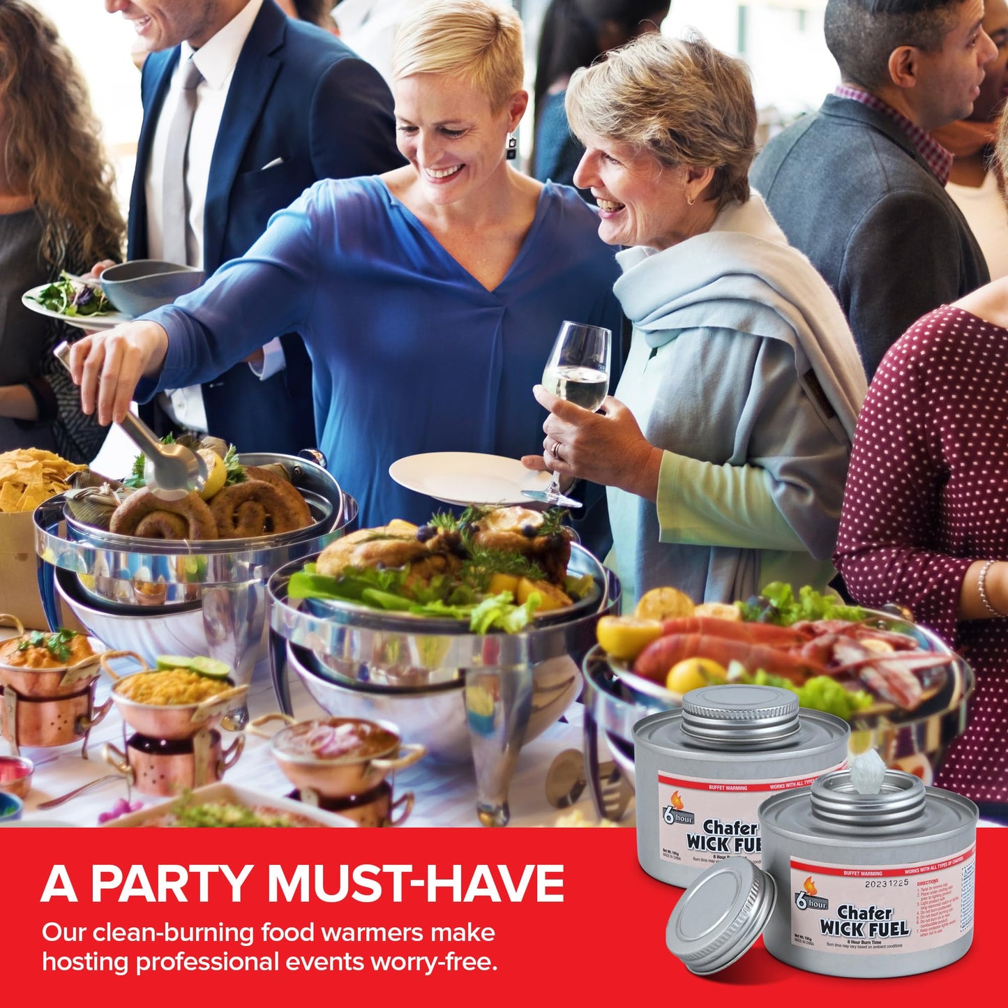 Food Warmers for Parties 6 Hour (48 Pack), Chafing Fuel Cans with Wick and Safety Twist Cap, Catering Warmers for Buffets, Weddings and Events