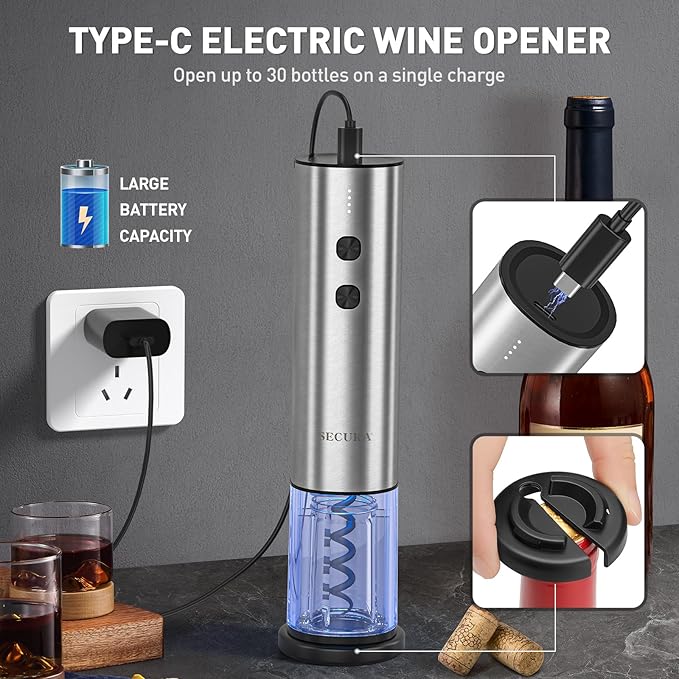 Secura Stainless Steel Electric Wine Opener, Rechargeable Automatic Wine Bottle Opener with Foil Cutter & Charging Cable, Reusable Corkscrew Wine Opener Electric for Home Party Bar Outdoor, Silver