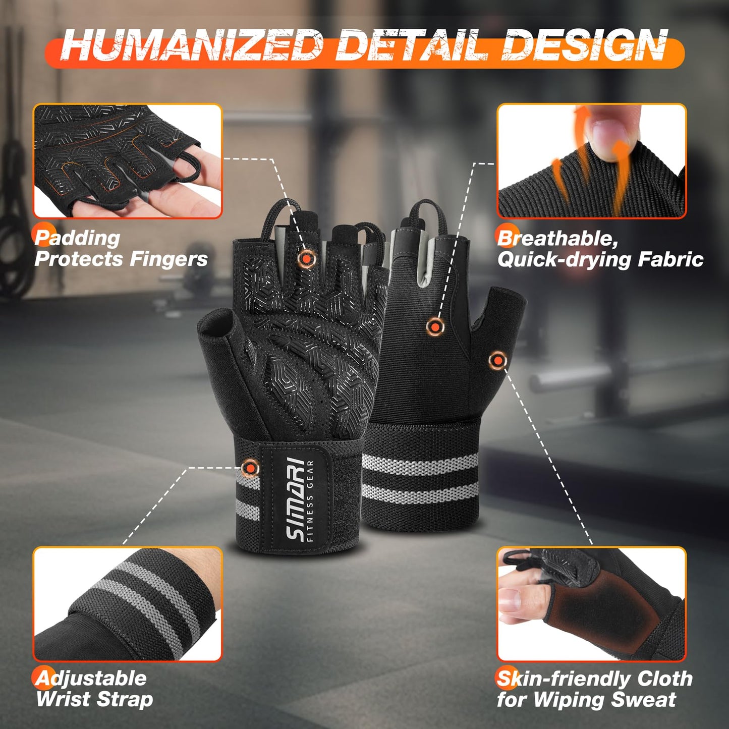 SIMARI Wrist Support Workout Gloves for Men & Women, Weight Lifting Gloves with Padded, Grip, Full Palm Protection, Gift for Gym Exercise, Cycling, Weightlifting Training, Fitness, Black Gray, Size XS