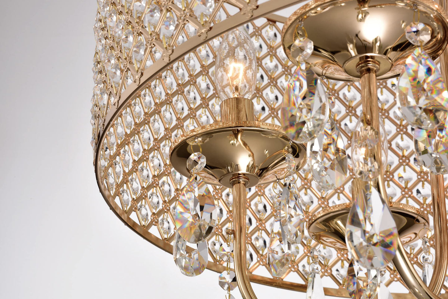 Edvivi 6-Light Drum Crystal Chandelier, Gold Finish With Hanging Tear Drop Crystals, Adjustable Lighting For Dining Room And Entryway