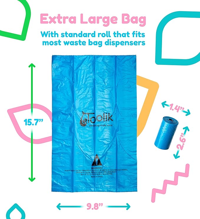 Toolik Diaper Bag Dispenser Refills Disposable Unscented Waste Bags (8 Rolls - 120 bags)
