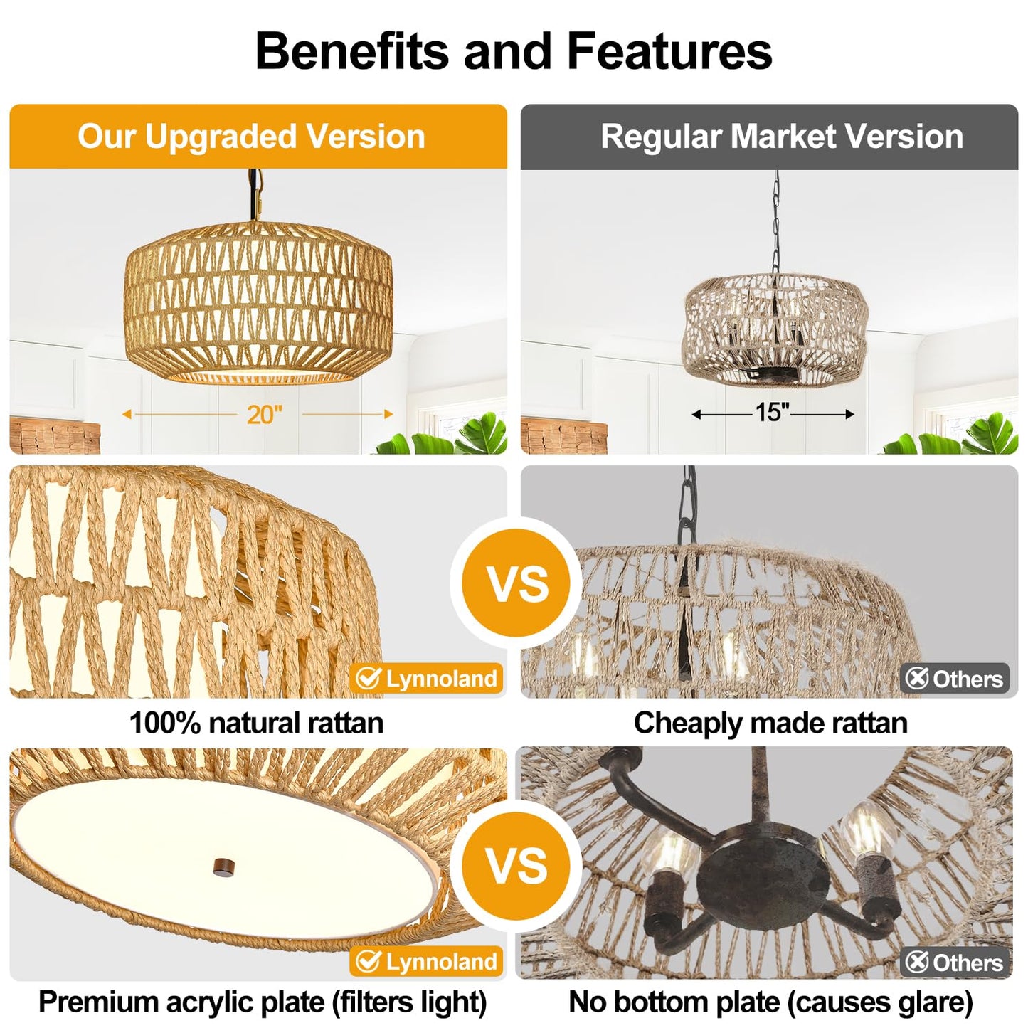 Farmhouse Gold Chandelier Light Fixture  5-Light Rustic Boho Chandeliers With Rattan & Linen Shade  Gold Hanging Lighting For Dining Room  Kitchen Island  Bedroom (Bulbs Not Included)