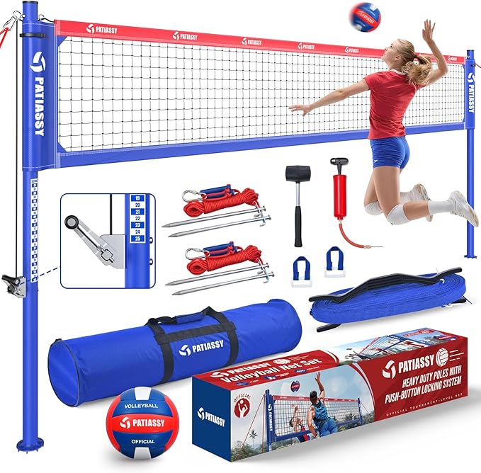 Patiassy Heavy Duty Professional Volleyball Net Set for Backyard & Beach, 32-Ply Reinforced Net with Steel Anti-Sag Winch,...