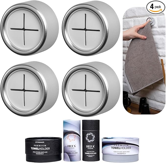 HEFA Modern Kitchen Towel Holder, 4 Pack, Deep Grey, Chrome Plated Plastic, Wall Mount, 4 Hooks, 6.6 lbs Capacity
