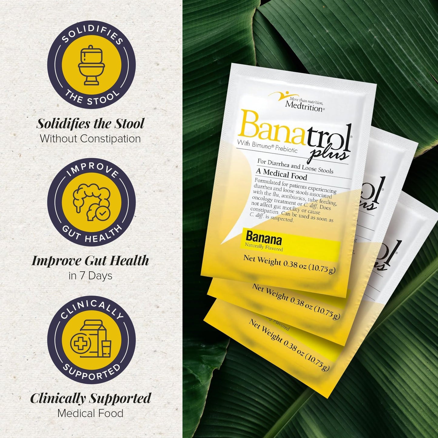 Banatrol® Natural Anti-Diarrheal with Prebiotics, Relief from Chronic Diarrhea, IBS, Recurring Diarrhea, Clinically Supported Medical Food, Non-Constipating, 25 Servings (Banana)