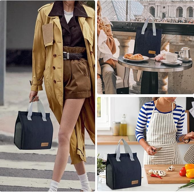 Mziart Minimalist Lunch Bag, Reusable Insulated Bag for Women Men Box Container Leakproof Simple Bento Tote Adults Cooler Work Office Picnic or Travel (Black) M23HK-LB-005-JJ
