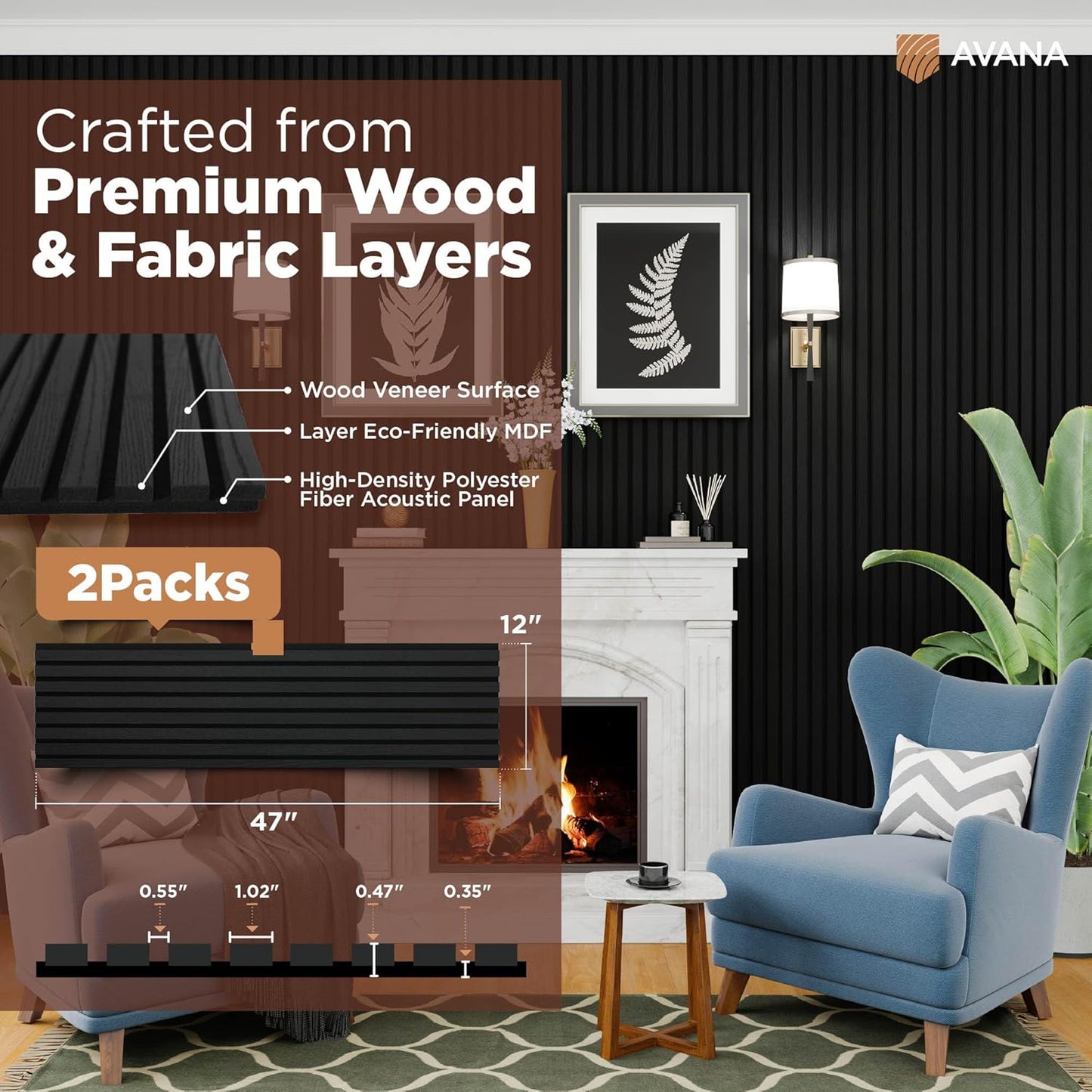 Avana Acoustic Wood Wall Panels – 47.2 X 12.6 Inch Black Oak Acoustic Panels 1 PC – Wall Panels For Interior Wall Decor For Homes, Offices, Studios – Modern Sturdy & Durable Wood Panels For Wall