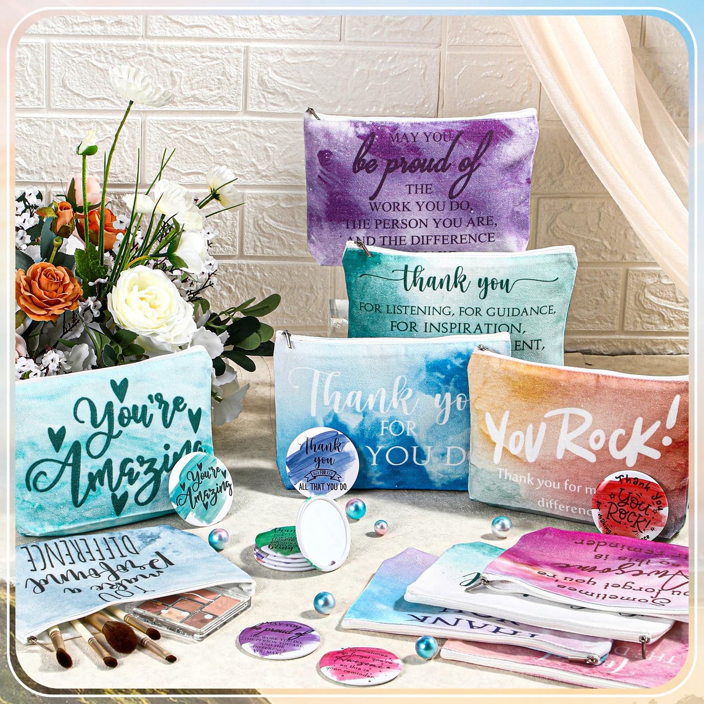 Vercraft 60 Pcs Employee Appreciation Gifts 30 Inspirational Canvas Makeup Bags 30 Compact Mirrors Bulk Cosmetic Bags Round Port
