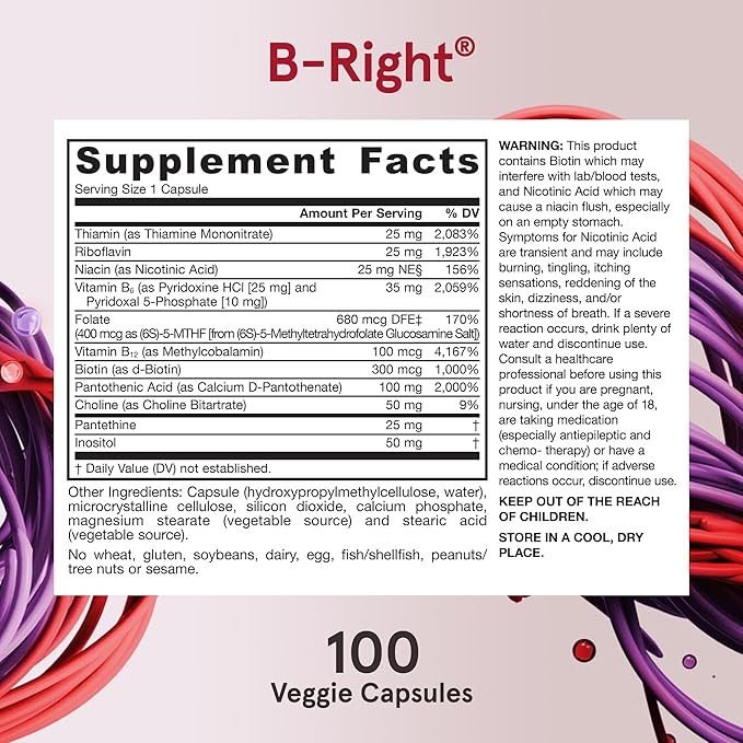 Jarrow Formulas B-Right, Optimized B Complex Featuring Vitamin B1, B2, B5, B6, B12 and B9 to Support Cellular Energy, Immune Health and Stress Management, 100 Veggie Capsules, Up to a 100 Day Supply