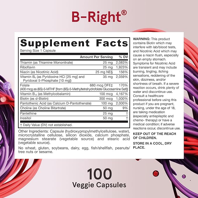 Jarrow Formulas B-Right,Optimized B Complex Featuring VIT B1,B2,B5,B6,B12 and B9 to Support Cellular Energy,Immune Health and Stress Management,100 Veggie Caps,Up to a 100 Day Supply, Pack of 12