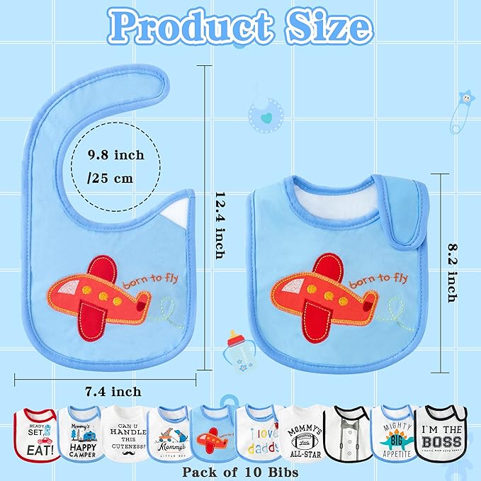 BWkoss 10Pcs Waterproof Baby Bibs Unisex Newborn Babies Food Bibs Baby Keepsake Birthday Gift for Drooling Feeding Eating Teething, 6-12 Months