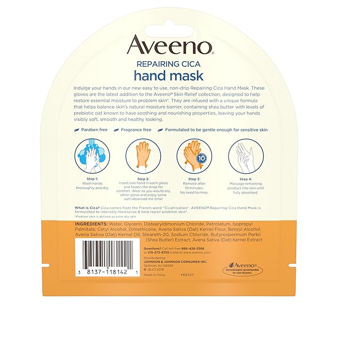 Aveeno Skin Relief Repairing Hand Mask, Moisturizing Gloves with Prebiotic Oat & Shea Butter for Very Dry Skin, Hand Care for Sensitive Skin, Fragrance-Free, 1 Pair of Single-Use Gloves