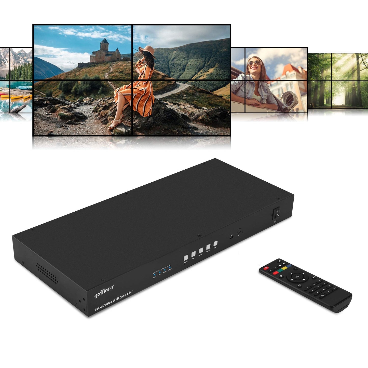 Gofanco 2X2 Video Wall Processor- Up To 4K 30Hz, Four Switchable Inputs, 9 Modes, Cascade-Able, Loopout, 180 Rotation, Edge Corr