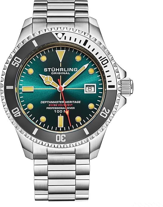 Stuhrling Depthmaster Heritage Diver Swiss Quartz Watch, 42mm, Teal Dial, Stainless Steel, 100M Water Resistant