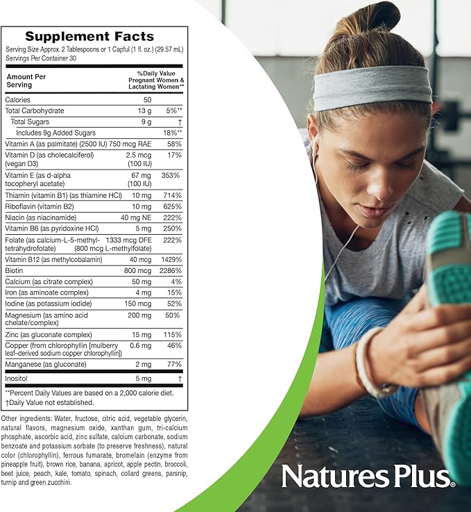 Natures Plus Source of Life Prenatal Liquid, Tropical Fruit - 30 fl oz - Multivitamin & Mineral Supplement - Nutritional Support During Pregnancy - Gluten Free, Vegetarian - 30 Servings