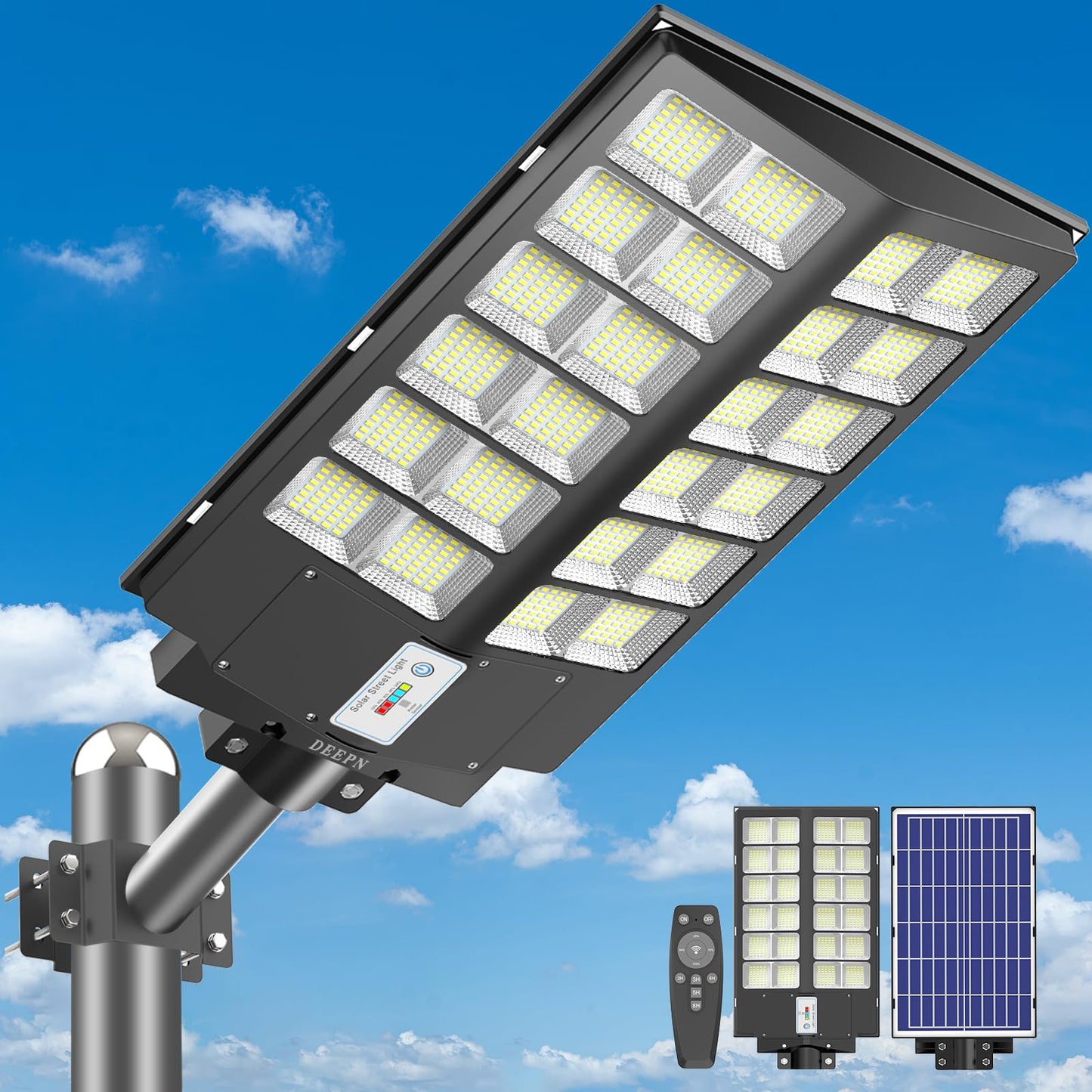 Deepn Solar Street Lights, 4200W, 450000 Lumens, Waterproof, Motion Sensor, Remote Control, Black, Model BC1501