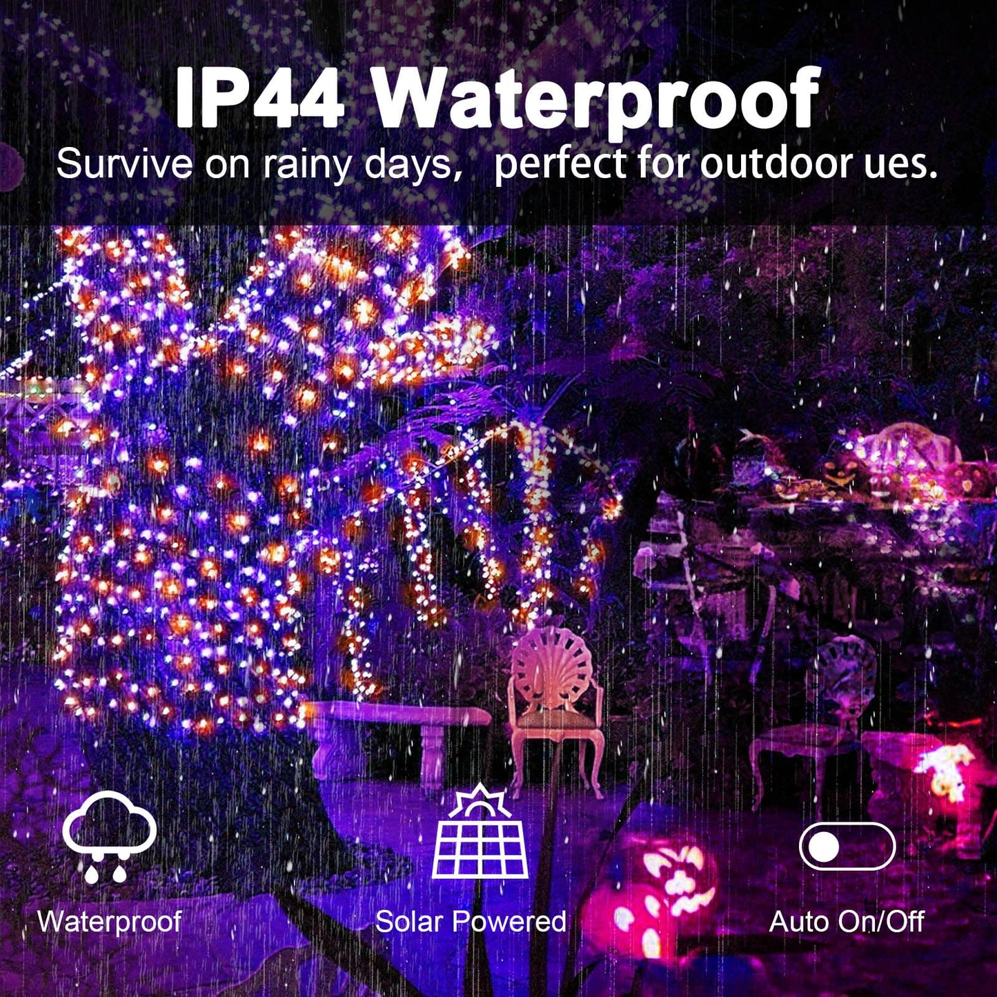 Amadecohome 2 Pack 400 Led Solar String Lights, Waterproof, 8 Modes, Orange-Purple, For Outdoor Holiday Decor, Model Sl0
