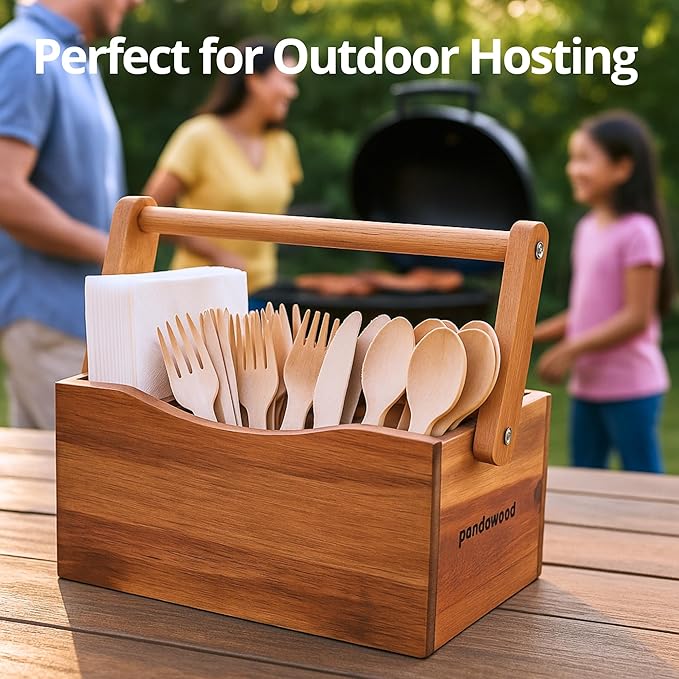 Wooden Silverware Caddy - Rustic Utensil Holder for Parties & Countertop - 4 Compartment Flatware Organizer with Handle - Farmhouse Kitchen Napkin & Cutlery Storage
