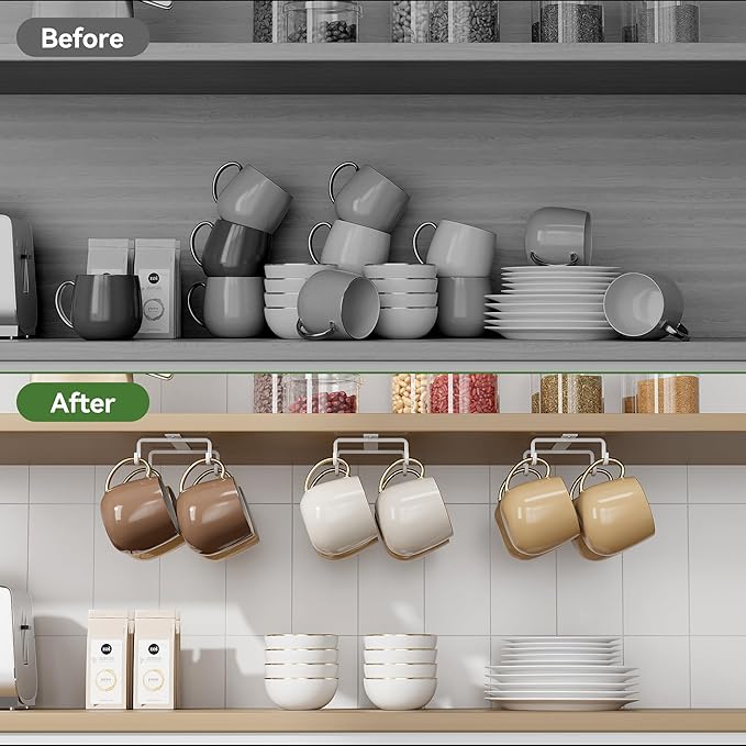 ECROCY Mug Hooks Under Cabinet Space-Saving, Easy Screw Mounting, Metal Coffee Cup Hooks 3 Pack(White)