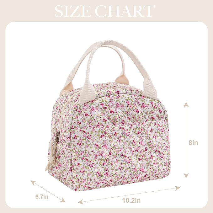 Lunch Bag for Women Insulated Lunch Box Reusable Cooler Bag Portable Cute Floral Quilted Cotton Bag Leakproof Tote Bags for Travel, Work, and Picnic, Spring Meadow