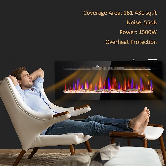 HOMCOM 50" Electric Fireplace Recessed and Wall Mounted with Remote Control, 1500W Fireplace Heater with 8H Timer, Adjustable Flame Color and Brightness, Log and Crystal