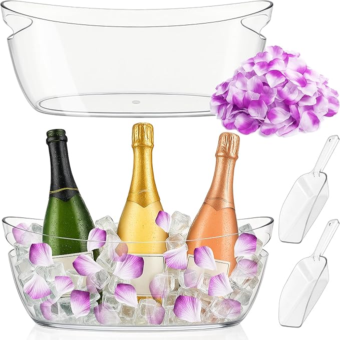 Whalead Ice Buckets for Parties Set of 2 – 5L Clear Beverage Tub with Ice Scoop & Faux Petals, Large Drink Buckets for Win...