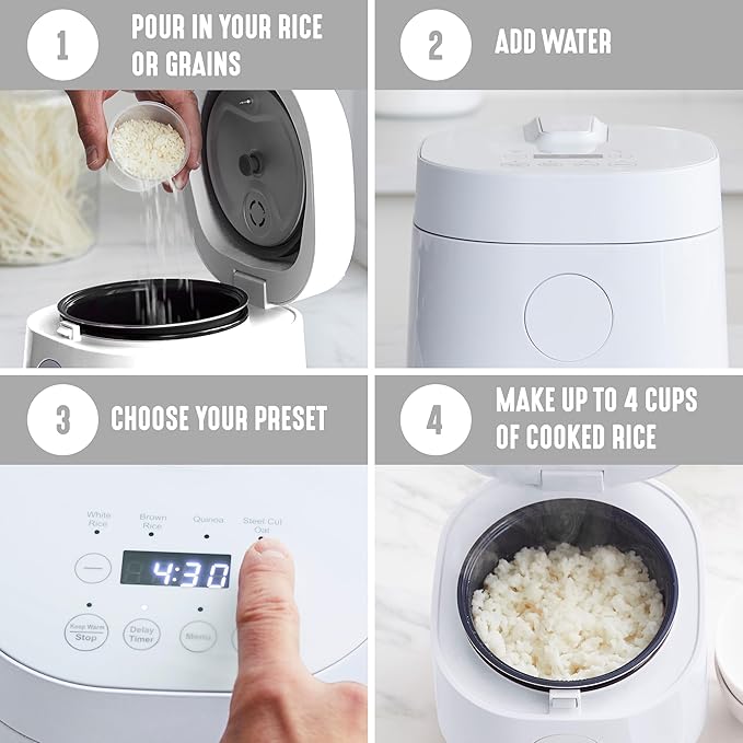 GreenLife Digital Rice Cooker, 2-Cups Uncooked/4-Cups Cooked, Removable Nonstick Ceramic PFAS-Free Pot, One-Touch Presets, Oats, Quinoa, Brown Rice, Auto Keep Warm, Fuzzy Logic Tech, 1.5QT, White