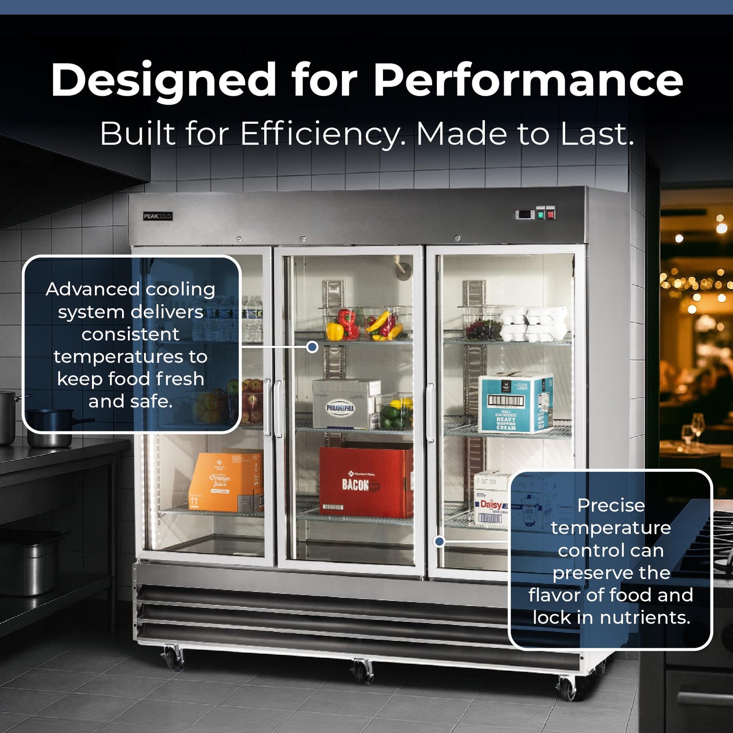 PEAKCOLD 3 Glass Door Commercial Refrigerator - 72 Cubic Ft, 81" Wide Stainless Steel Reach-In Commercial Refrigerator with White Internal Lighting - Freestanding Industrial Fridge