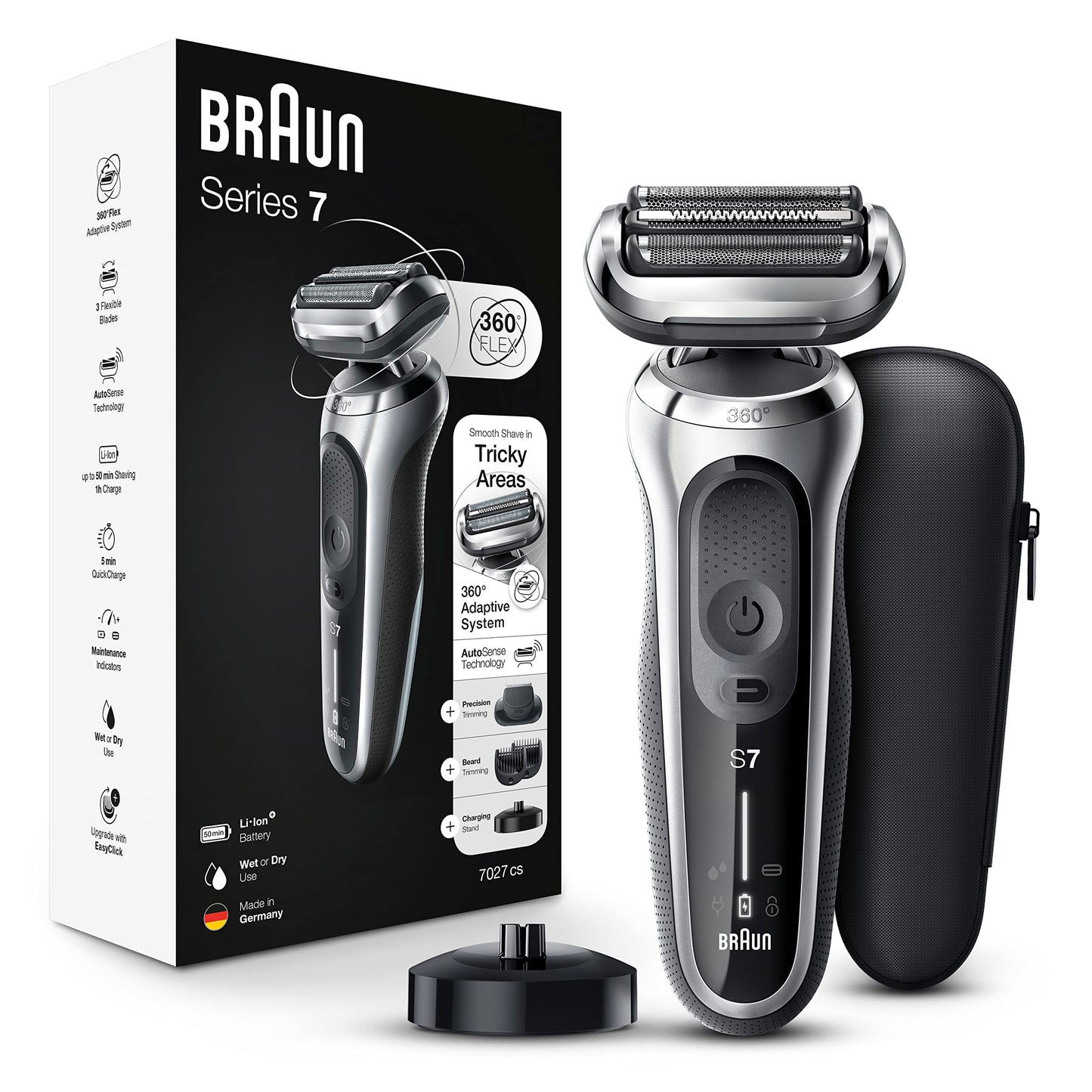 Braun Electric Razor For Men, Waterproof Foil Shaver, Series 7 7027Cs, Wet & Dry Shave, With Beard Trimmer, Rechargeable, Chargi