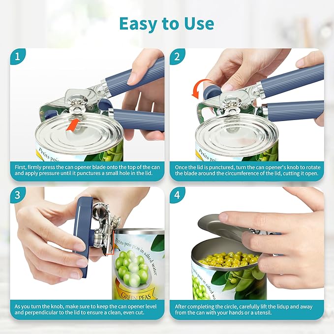 Ultrean Manual Can Opener Bottle Opener, Heavy Duty Stainless Steel Smooth Edge Manual Hand Held Can Opener With Soft Touch Handle, Rust Proof Oversized Handheld Easy Turn Knob (Navy Blue)