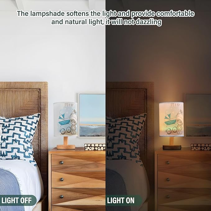 Table Lamp Bear with Blue Baby Carriage Heart Quote It's A Boy Nightstand Lamp with Wood Base Fabric Lamp Shade Bedside Desk Lamp for Living Room Bedroom Kids Room Office