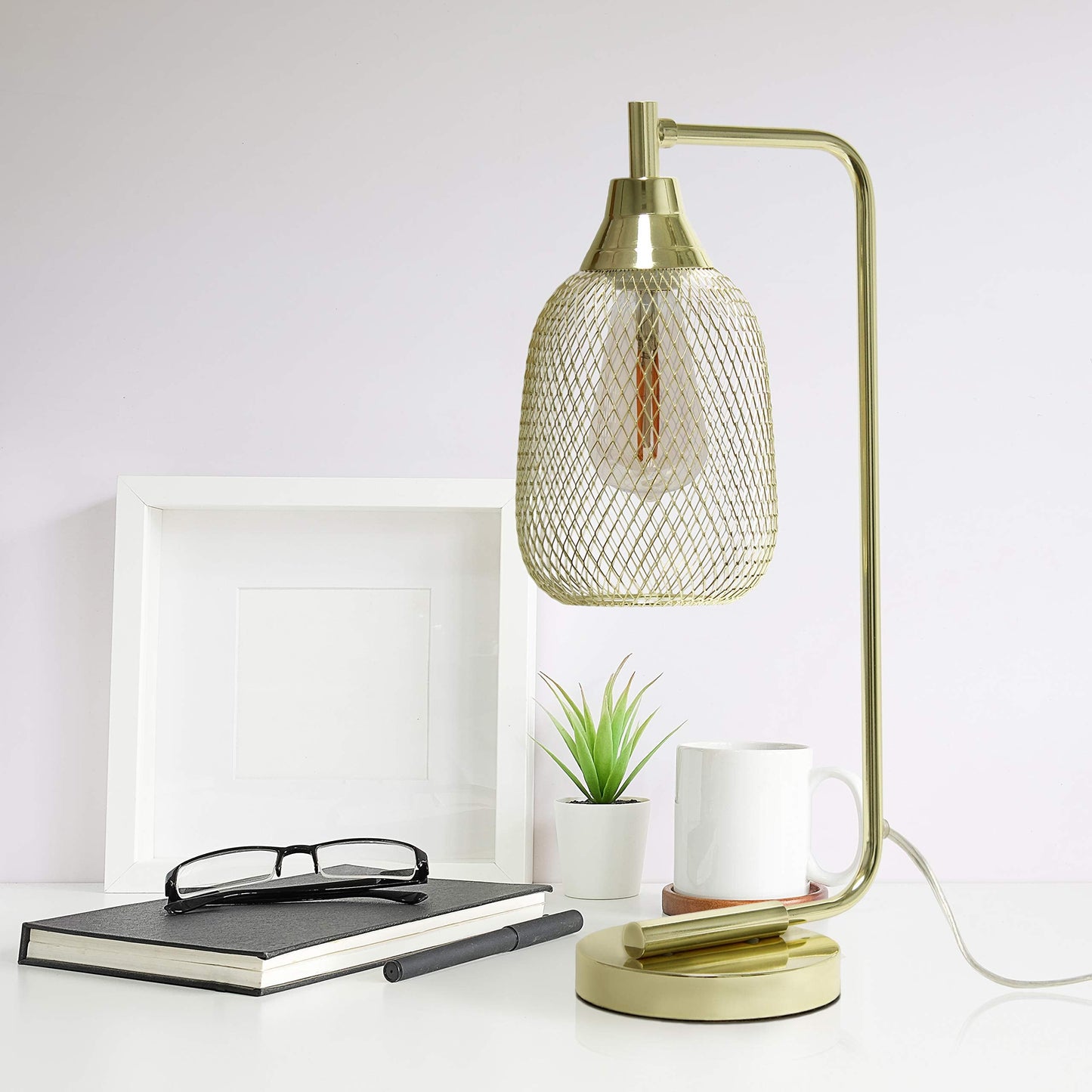 Simple Designs LD1060-GLD Gold Mesh Wire Table Desk Lamp, Iron Construction