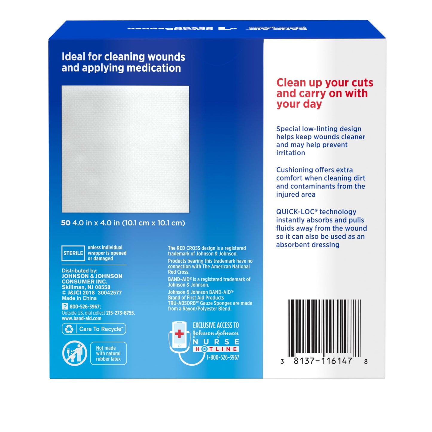 Band Aid Brand First Aid Products Tru-Absorb Sterile Gauze Sponges for Cleaning and Cushioning Minor Wounds, Cuts & Burns, Low-Lint Design, Individually Wrapped 4 in by 4 in Pads