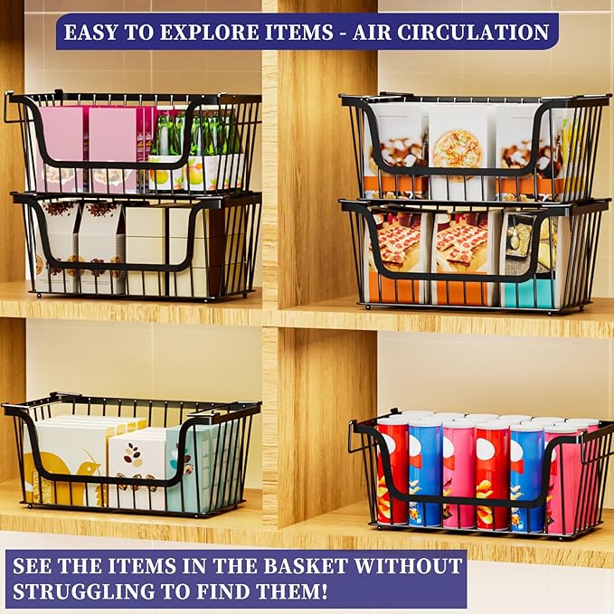 6 Pack Enhanced Leak-Proof Bottom Stackable Wire Baskets, Pantry Organizers and Storage, pantry storage，Shelf Baskets, Fruit Basket, Potato and Onion Storage Bins，(Black)