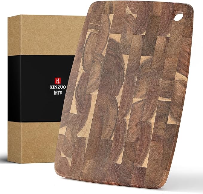 XINZUO Small Acacia Wood End-Grain Kitchen Cutting and Serving Board, for Kitchen, 14" x 9" Reversible Wooden Chopping Board for Meat, Cheese, Fruit & Vegetables,Easy to Clean(Rectangular)