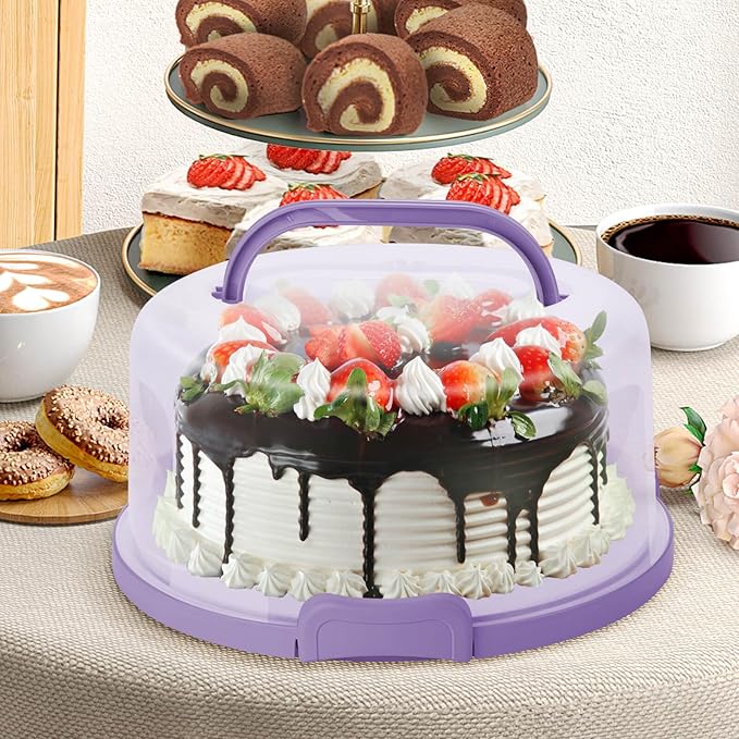 10Inch Cake Stand Carrier with Lid and Handle Storage Container Keeper Plastic Tall Transport Travel Cake Saver Holder with Cover Pie Bundt Round