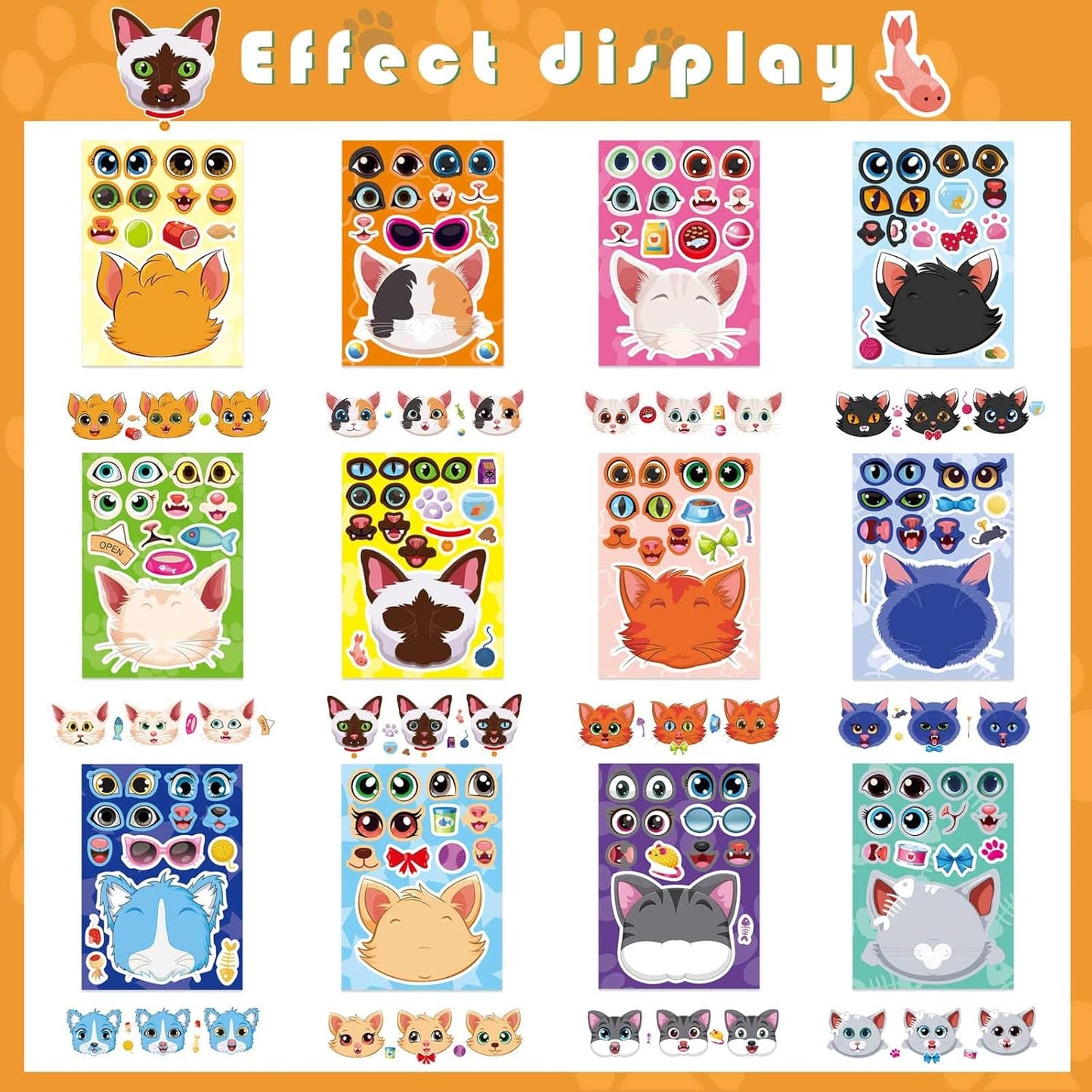 36 Sheets Cat Make a Face Sticker Sheets for Kids Todder, Make Your Own Stickers with 12 Cat Face Designs for Kids Birthday Party Favor Supplies Craft